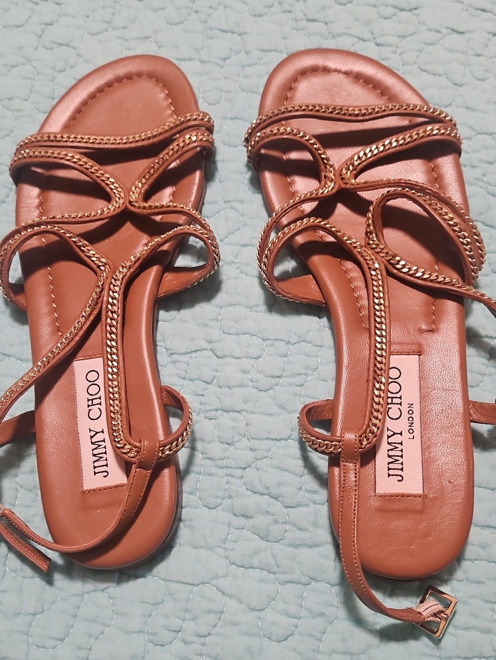 Ladies JIMMY CHOO Nickel Chain Chain Strait Flat sandal, Size 37/ US 6.5-7